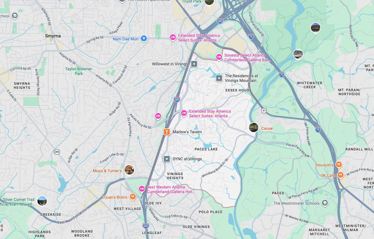 Garage door repair service area map in Vinings GA