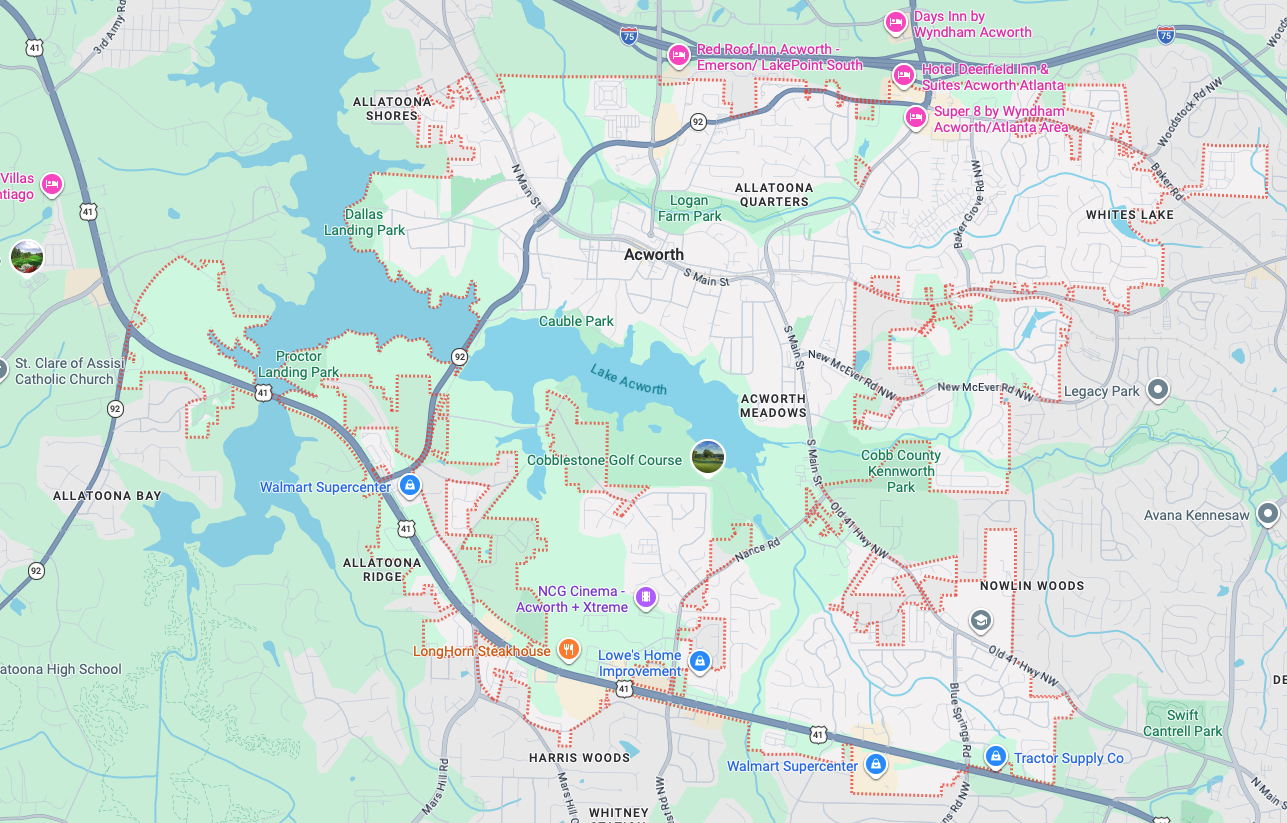 Garage door repair service area map in Acworth GA