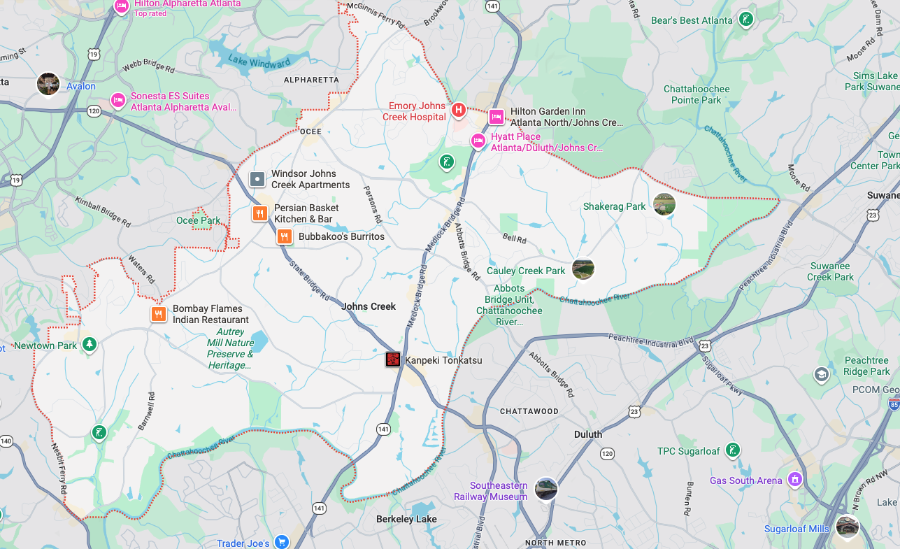 Garage door repair service area map in Johns Creek GA