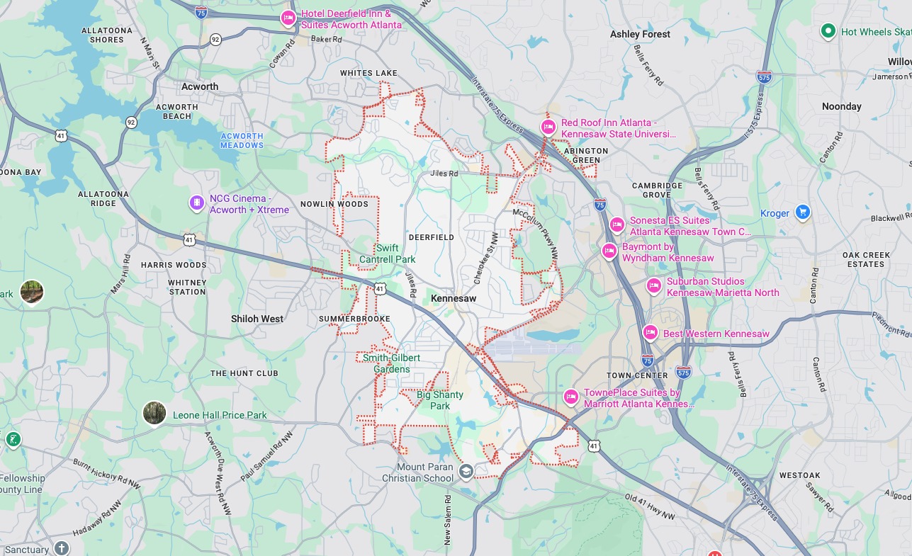Garage door repair service area map in Kennesaw GA