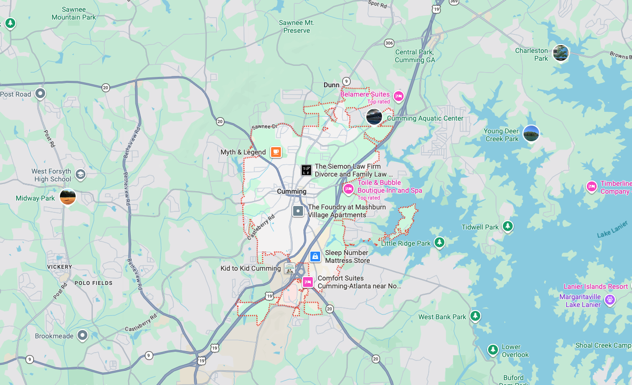 Garage door repair service area map in Cumming GA