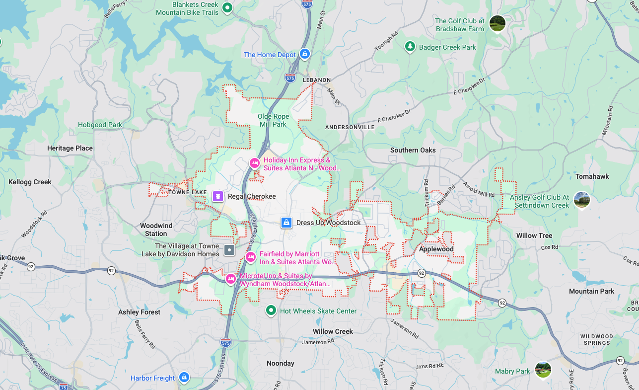 Garage door repair service area map in Woodstock GA