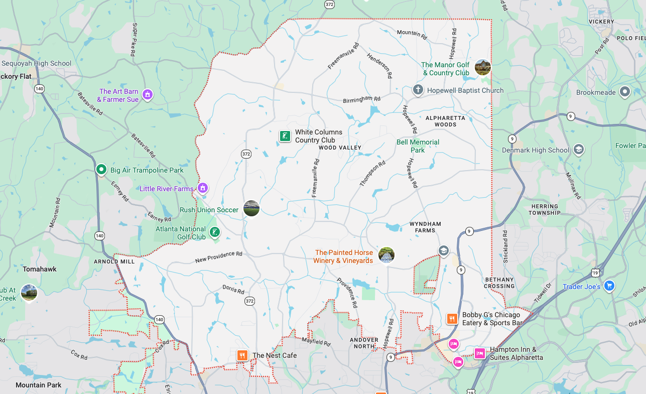 Garage door repair service area map in Milton GA