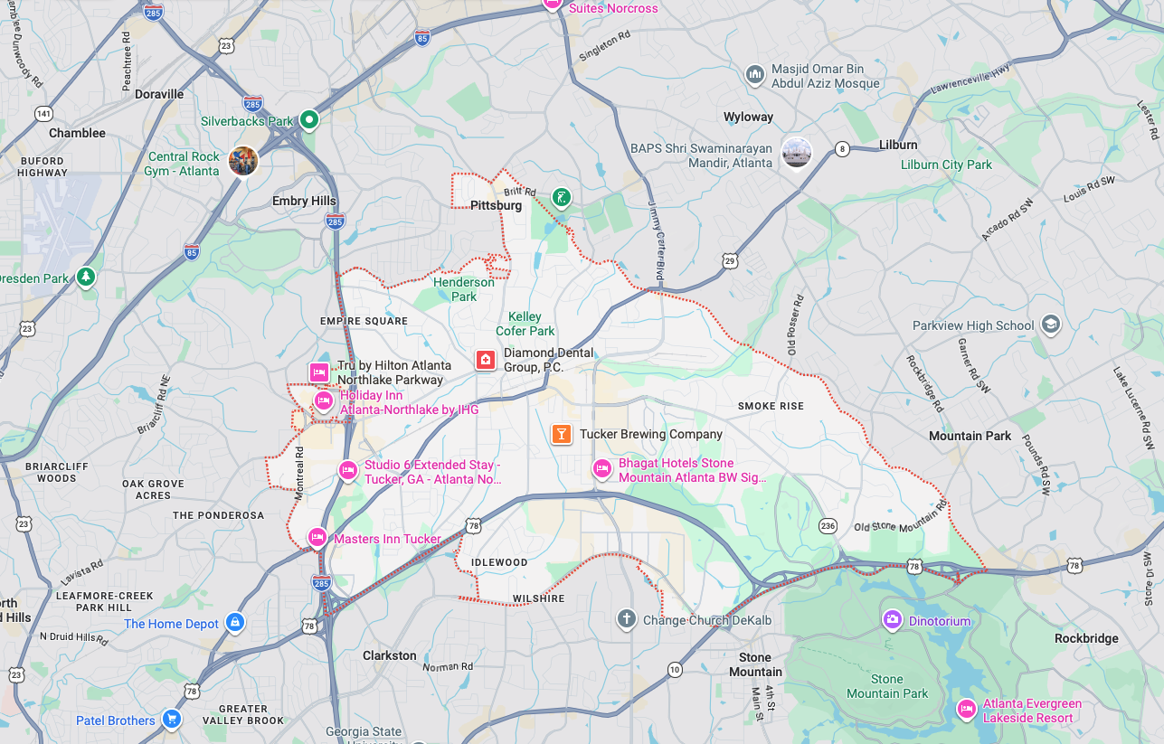 Garage door repair service area map in Tucker GA