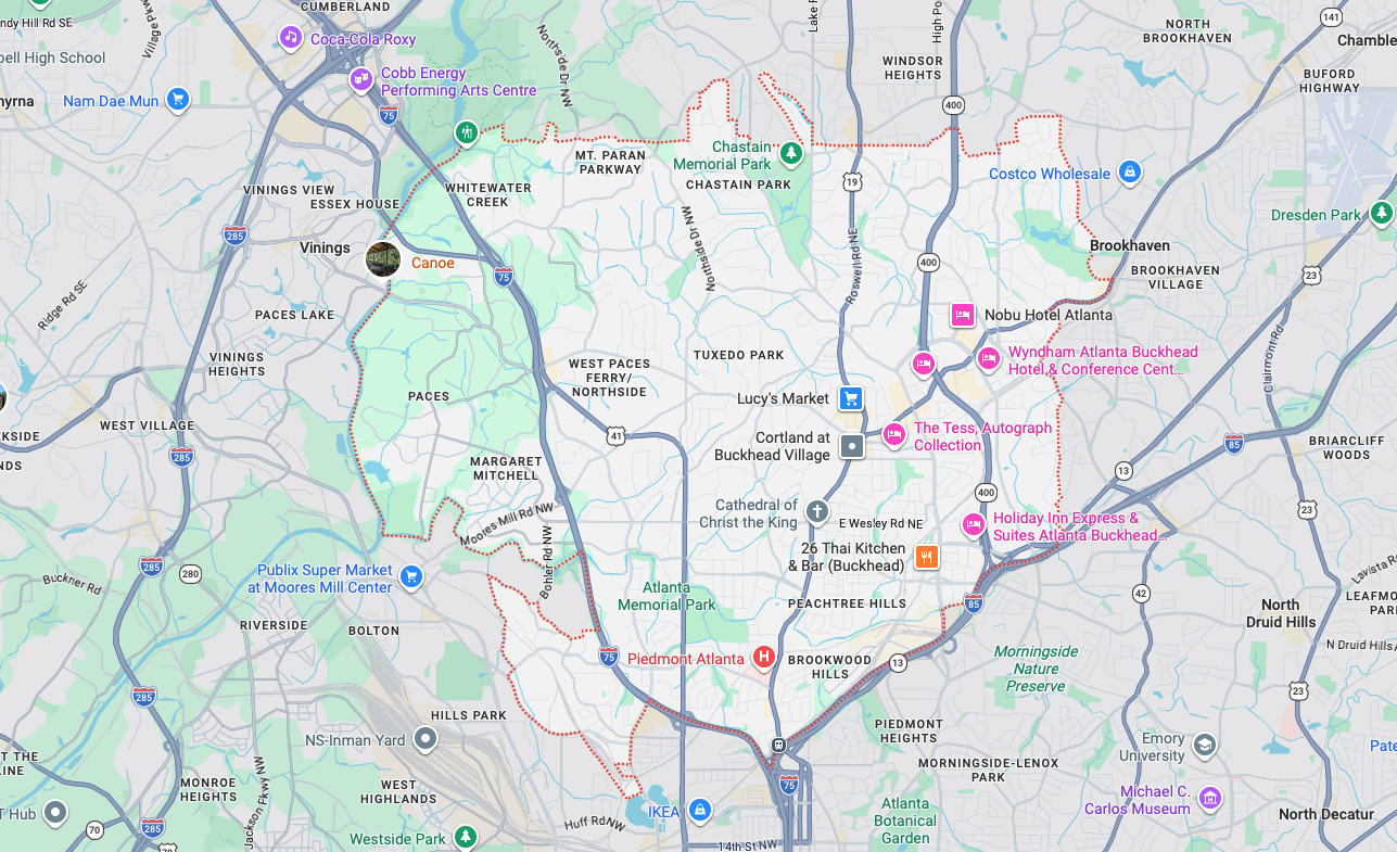 Garage door repair service area map in Buckhead GA