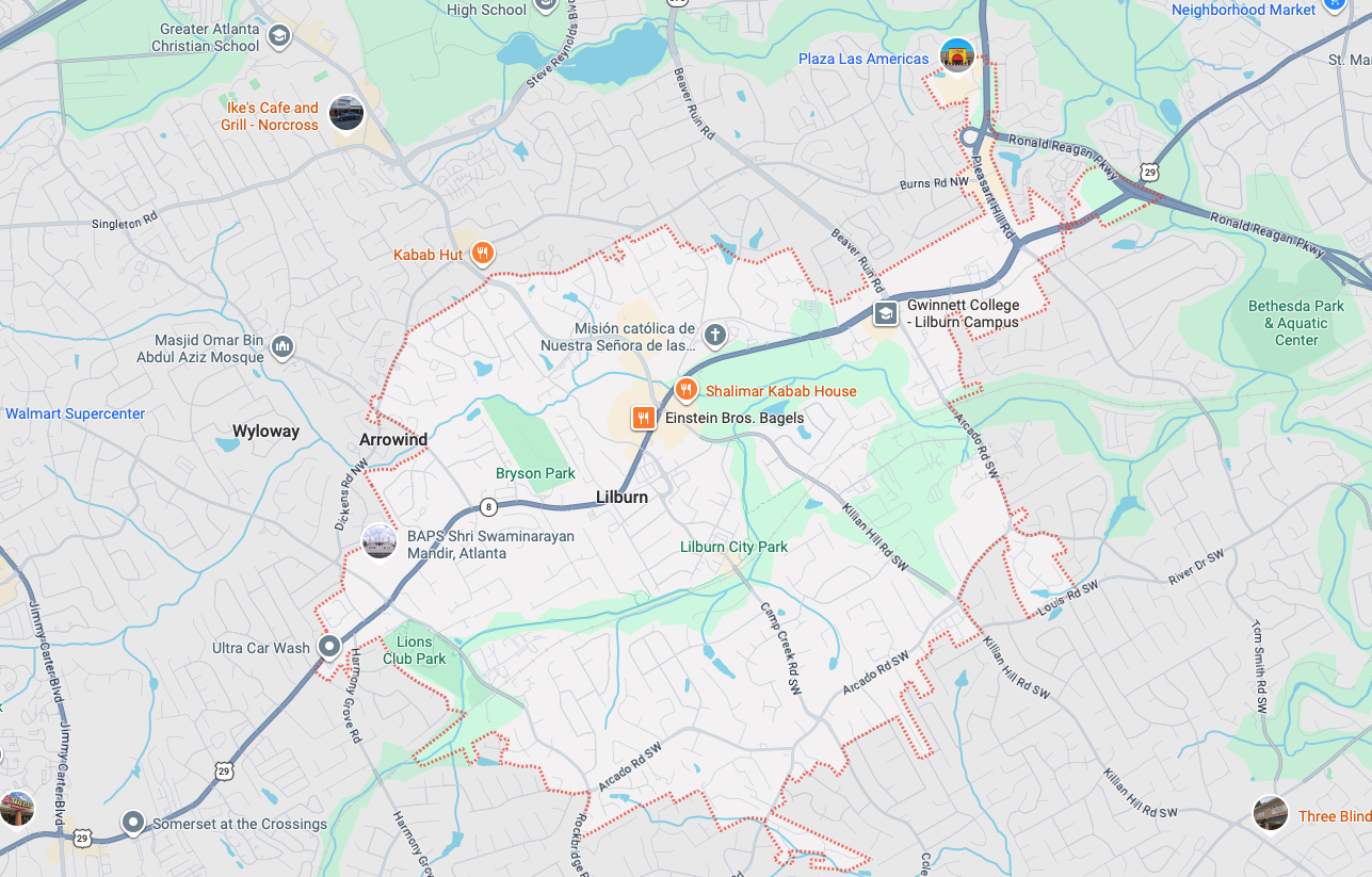 Garage door repair service area map in Lilburn GA