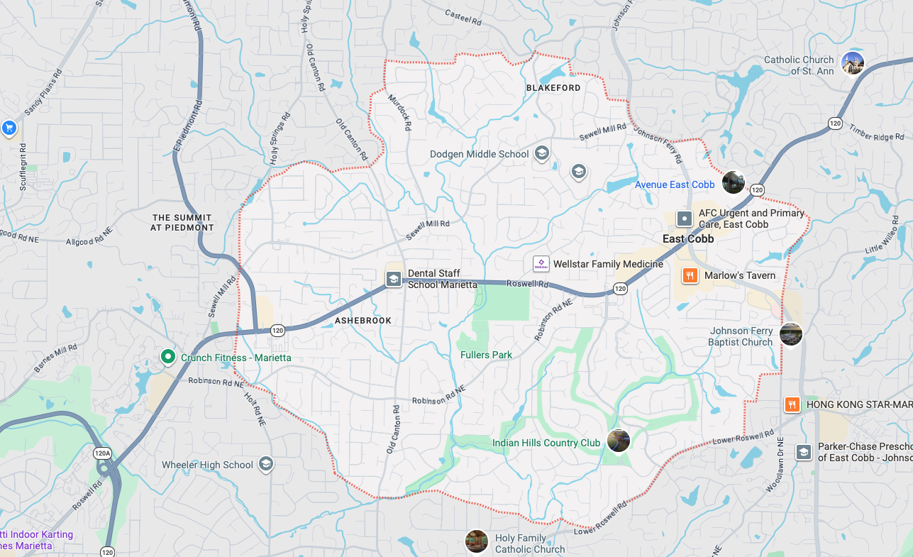 Garage door repair service area map in East Cobb GA