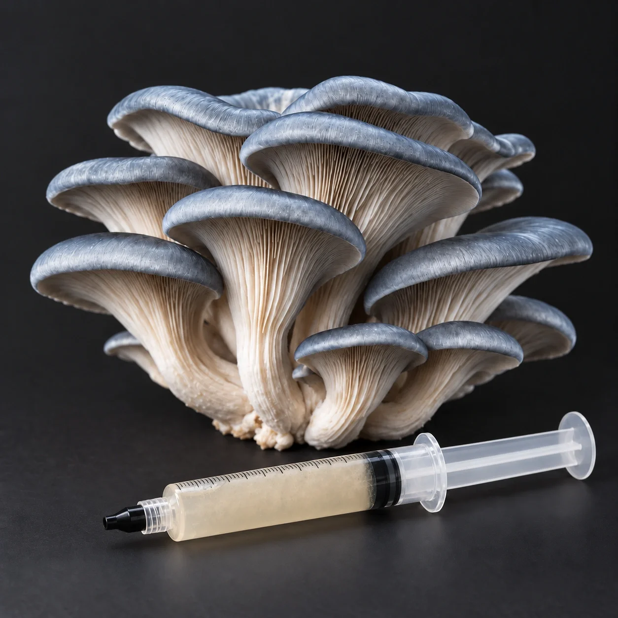 Blue Oyster liquid culture syringe beside blue oyster mushrooms in a clean studio setting