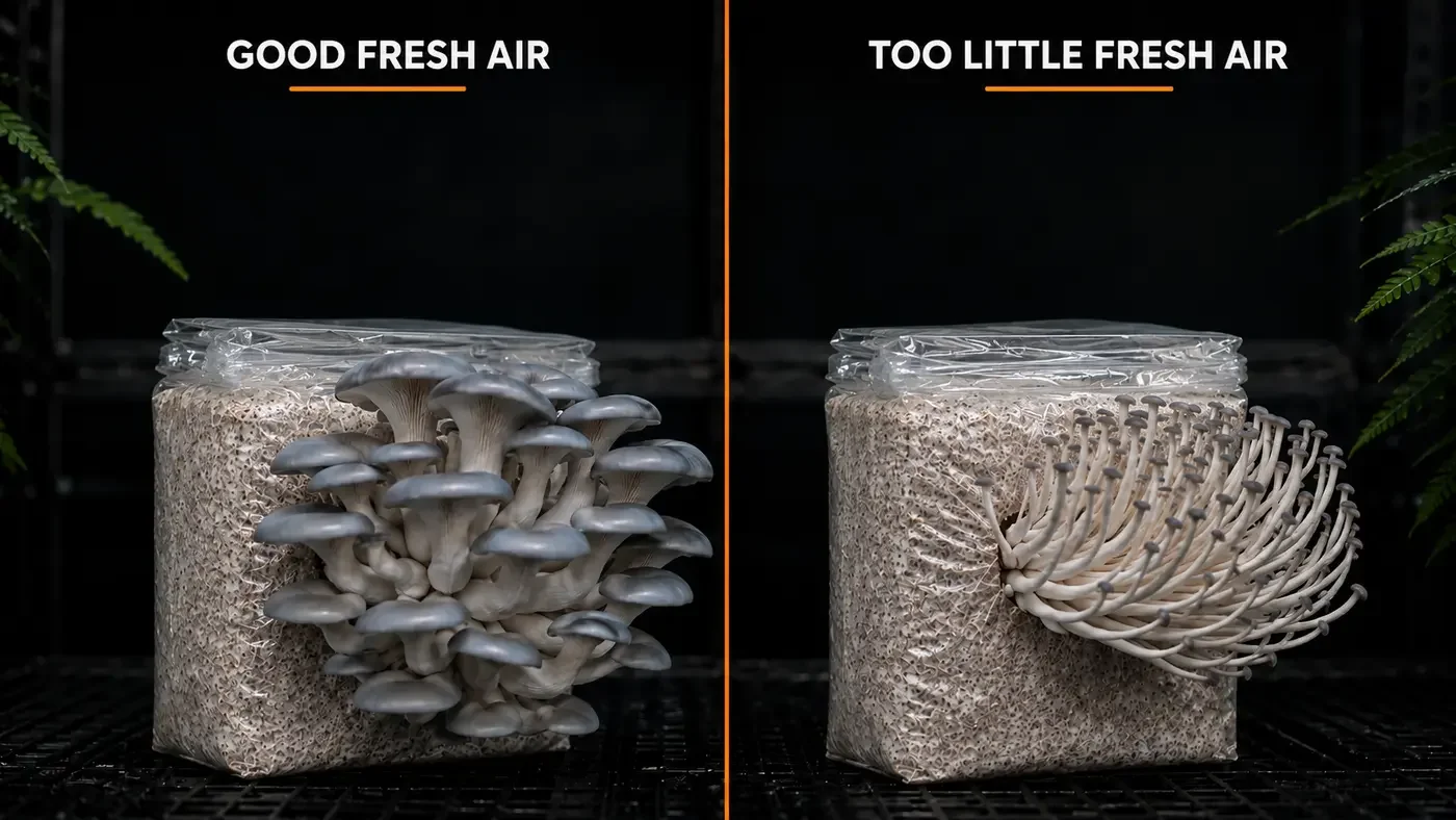 Two compact side-fruiting King Blue Oyster grow bags with folded tops comparing good fresh air with too little fresh air