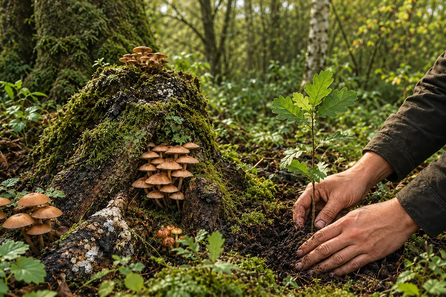 Illustrative woodland scene showing hands planting a young oak beside fungi and a mossy log