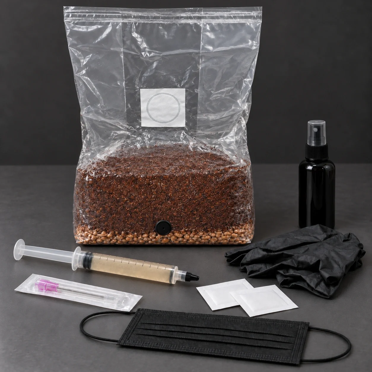 Beginner grow kit with a filtered substrate and wheat grain bag, liquid culture syringe, sterile needle, black mask, gloves, alcohol wipes and fine-mist bottle
