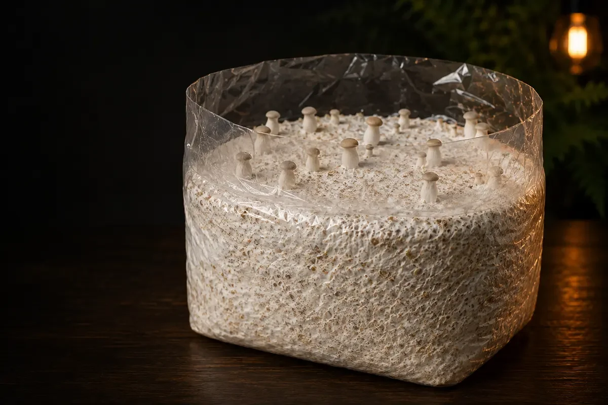 Young King Oyster mushroom pins growing from the open top of a colonised grow bag with a short plastic collar