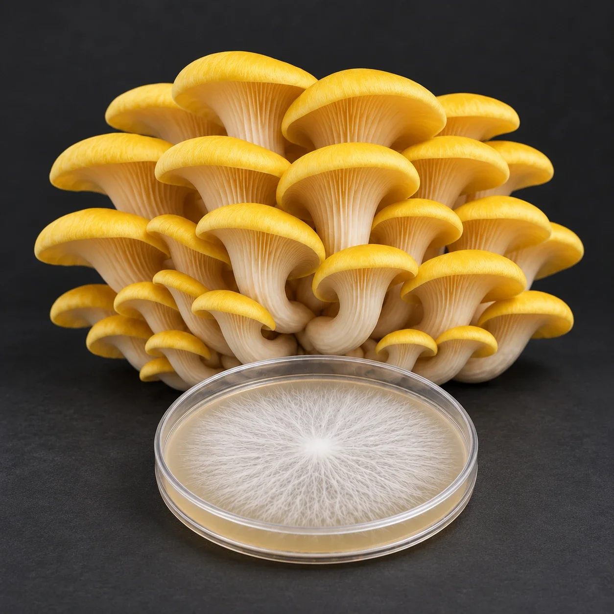 Golden Oyster agar culture plate with white mycelium beside yellow oyster mushrooms
