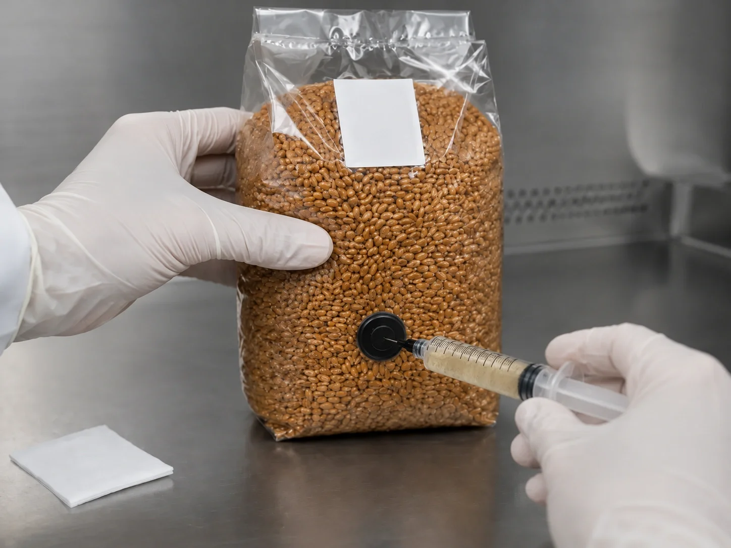 Gloved hands injecting liquid culture through the black self-healing port of a sterile wheat grain bag