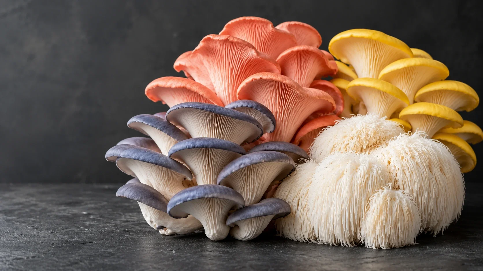 Blue, pink and golden-yellow oyster mushrooms with white Lion’s Mane on a charcoal studio backdrop