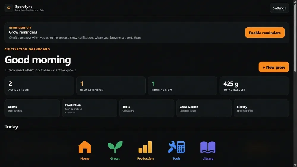 The SporeSync mushroom cultivation dashboard
