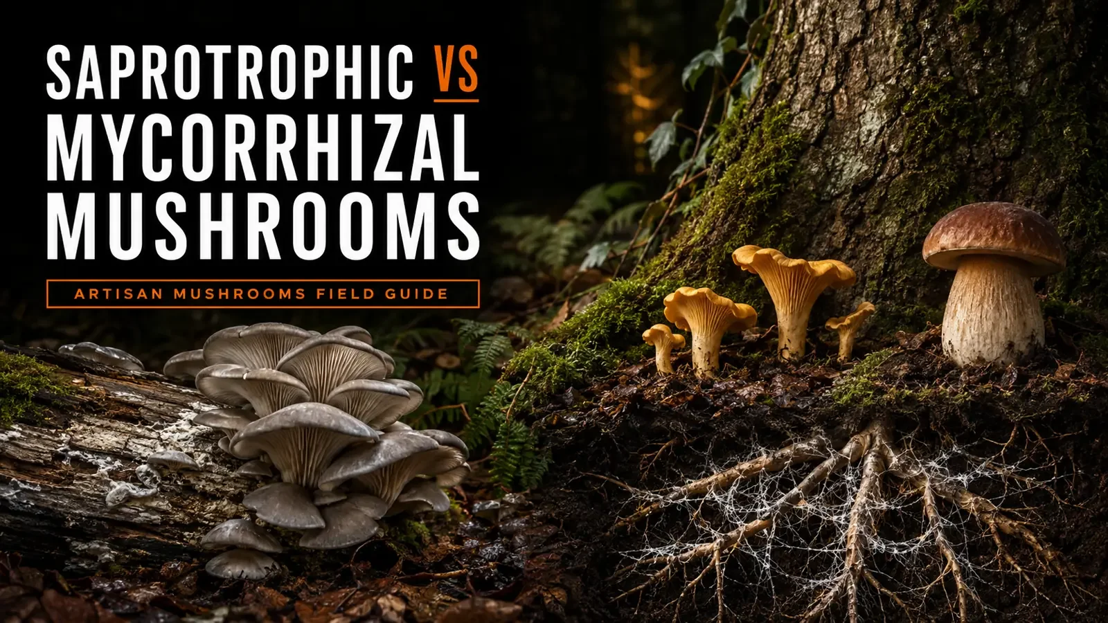 Oyster mushrooms decomposing a dead log beside chanterelles and a porcini connected to living tree roots