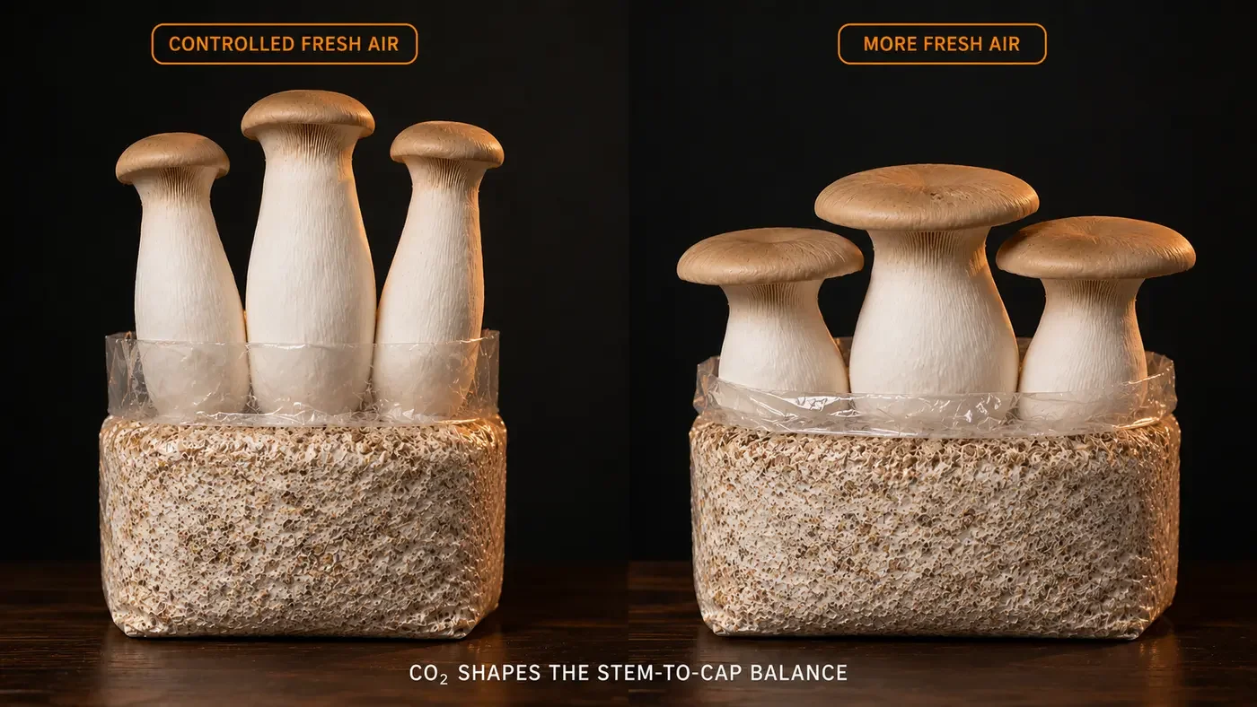Comparison of King Oyster mushrooms grown with controlled fresh air and stronger fresh air exchange