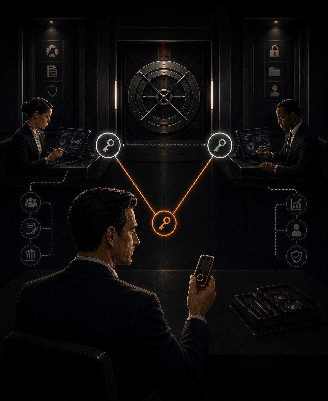 Owner holding one signing device while two independent professional keyholders join a shared quorum so no party can move Bitcoin alone