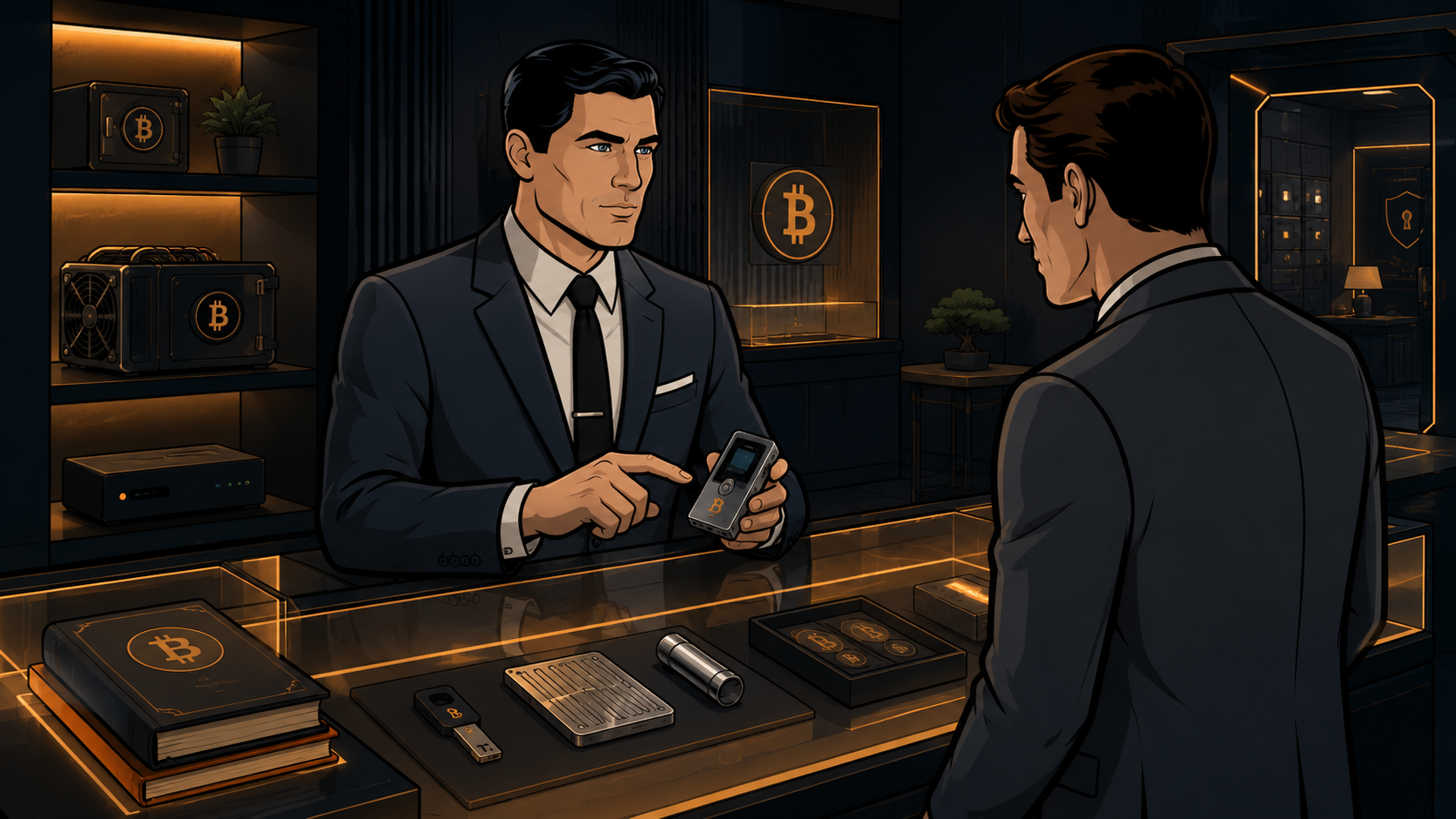 Illustration of a Bitcoin adviser behind a glass counter showing a signing device to a client, with hardware wallets, seed backup tools, and Bitcoin branding in a professional vault-like setting.