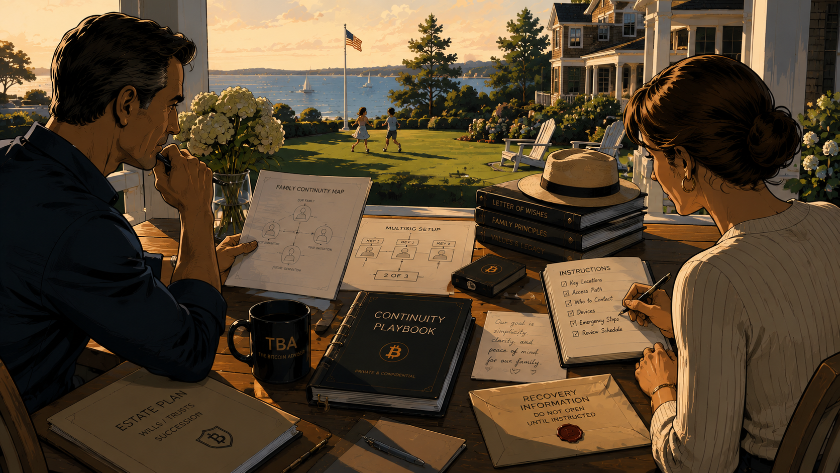 A couple on a coastal home veranda at golden hour reviewing family continuity notes, estate binders, and discreet signing tools; children play on the lawn beyond