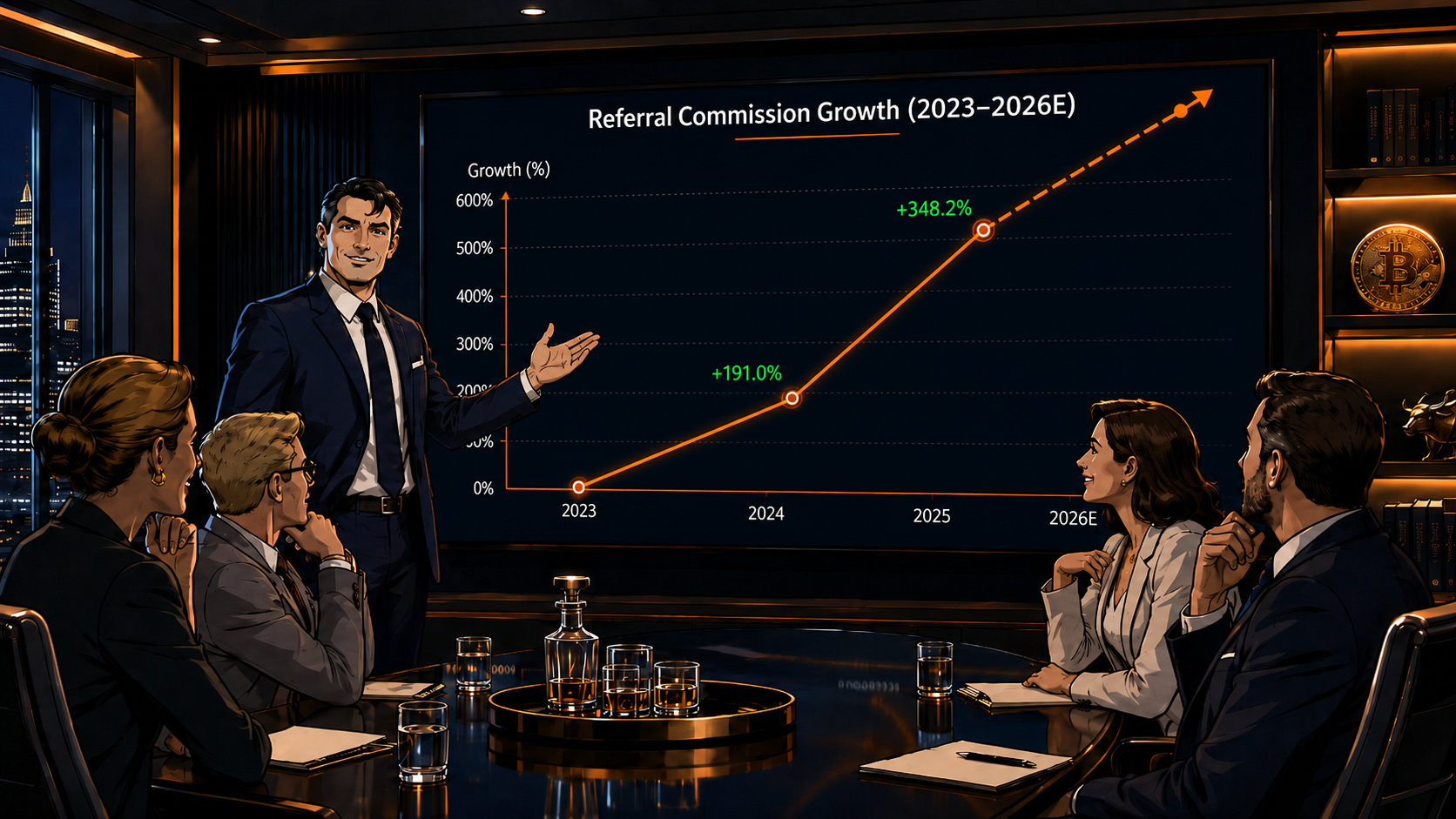 Illustration of a boardroom presentation showing referral commission growth on a chart, with professionals seated around a table and Bitcoin branding in a high-rise office at night