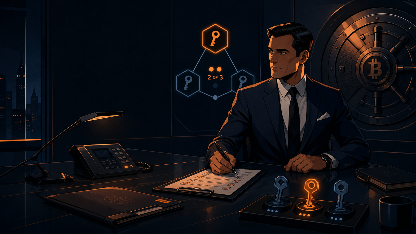 Professional key agent reviewing documentation with multisig and two-of-three signing concept