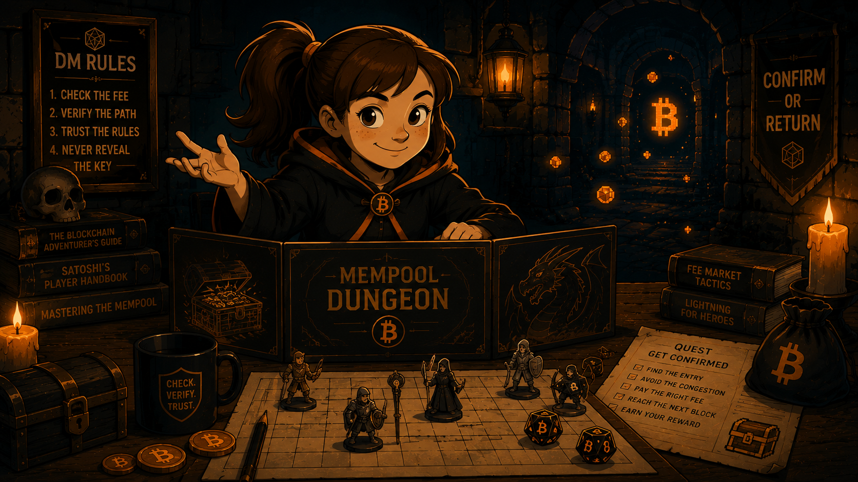 Young Dungeon Master behind a Mempool Dungeon screen, with Bitcoin-themed tabletop RPG dice, miniatures, quest parchment, and glowing blocks in a stone corridor