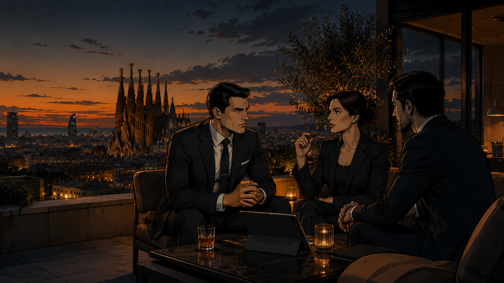 Profesionales reunidos al atardecer en Barcelona, representando un enfoque discreto y de largo plazo para la self-custody de Bitcoin