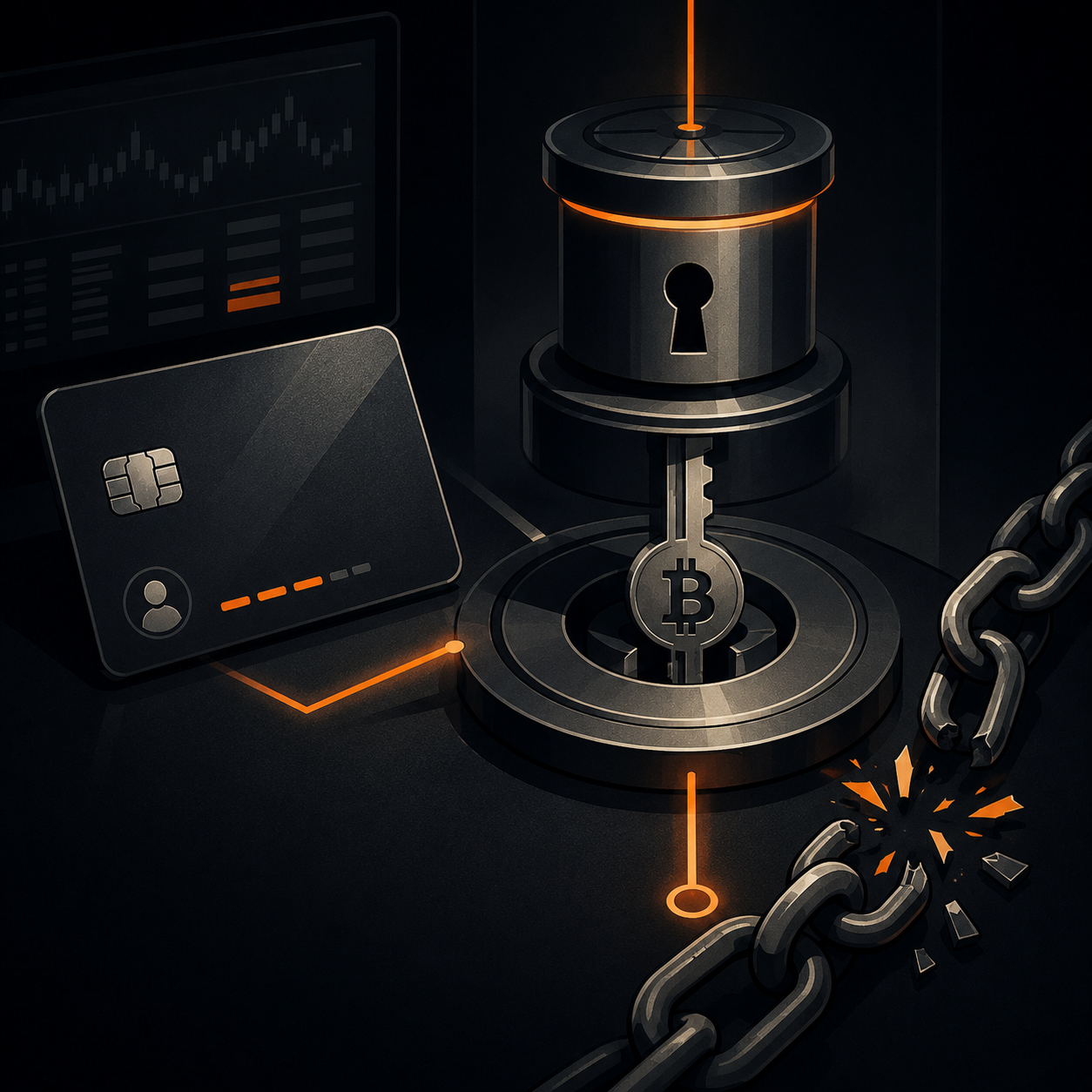 Polished exchange access motif with a subtle broken chain cue showing platform dependence