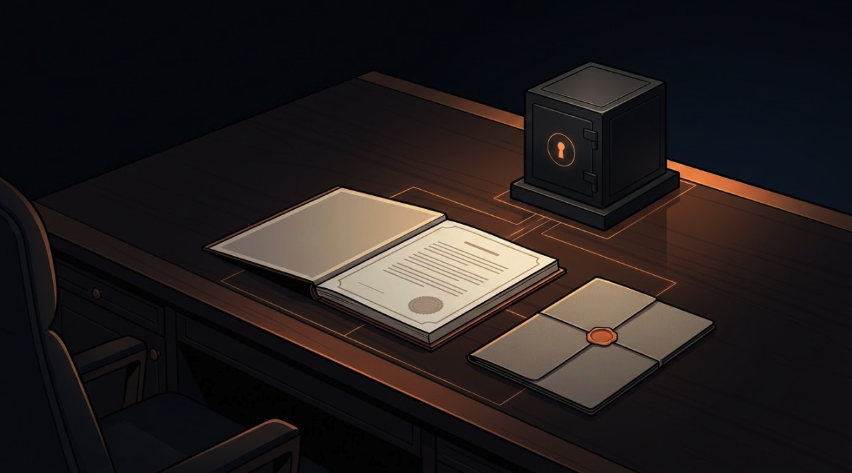 Illustration: legal ledger, sealed folder, and a small digital safe on a desk: traditional estate documents linked to secure digital custody.