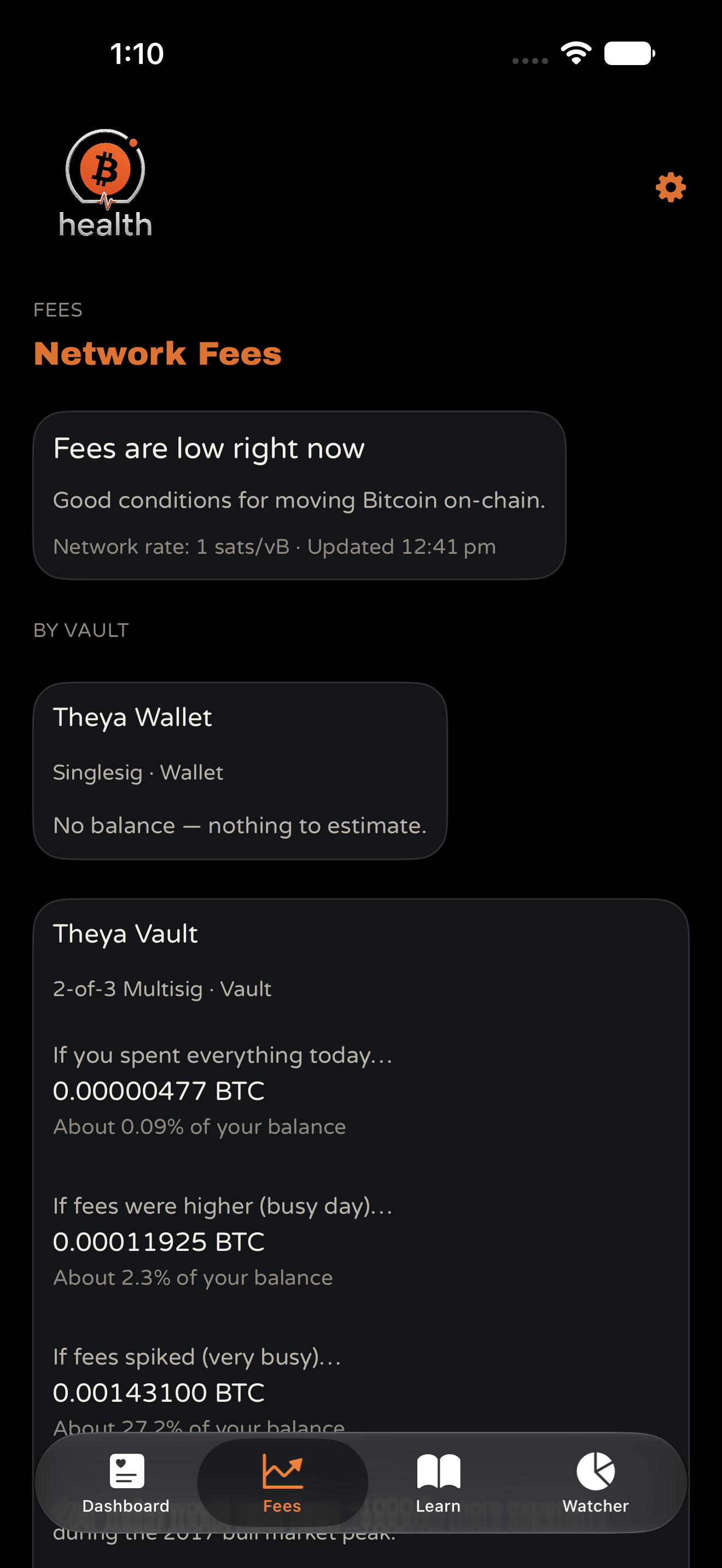 TBA Vault Health Fees: network conditions and per vault fee estimates