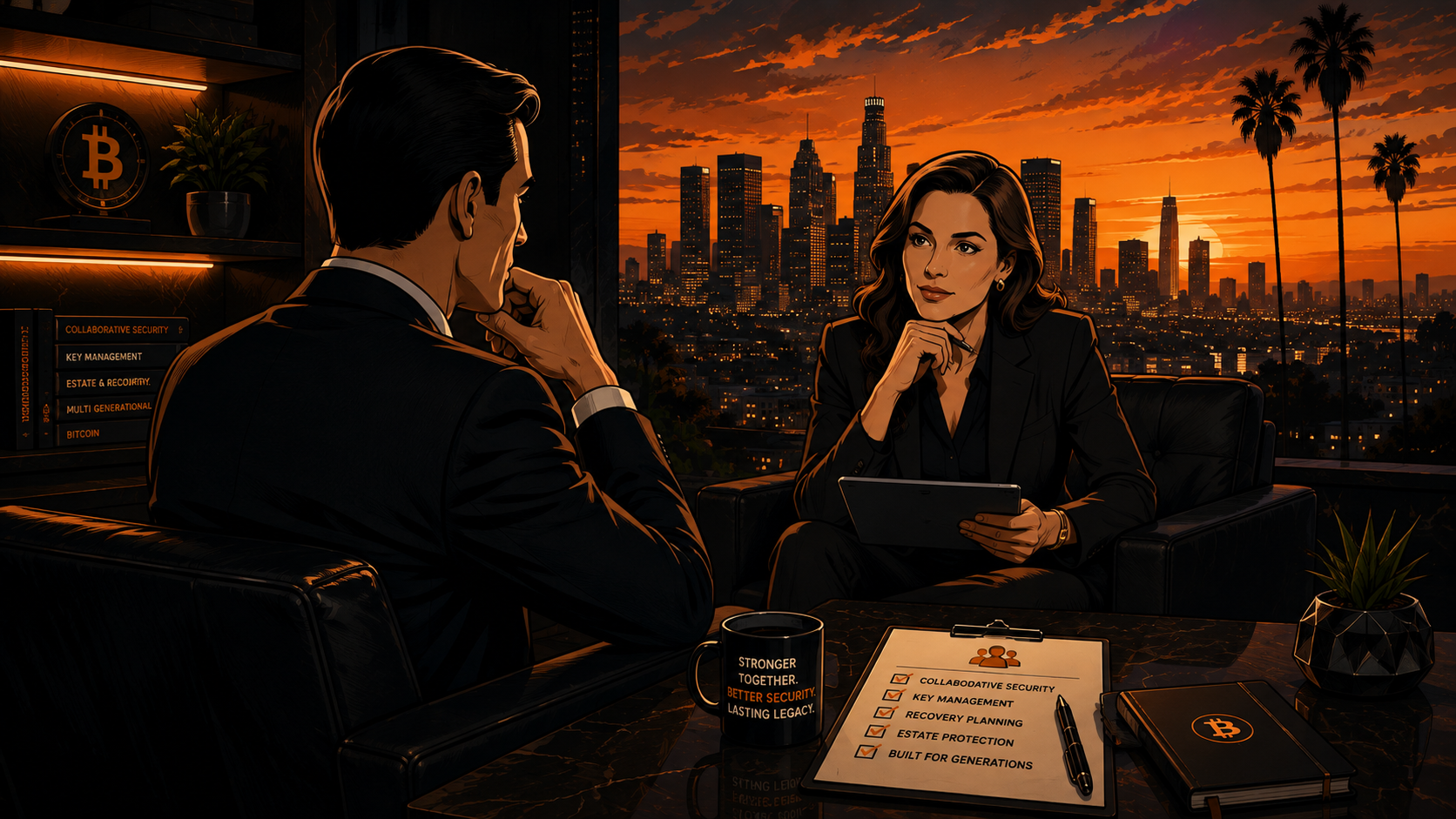 SMSF audit consultation: collaborative security checklist, Bitcoin records, and professional review against a city skyline.