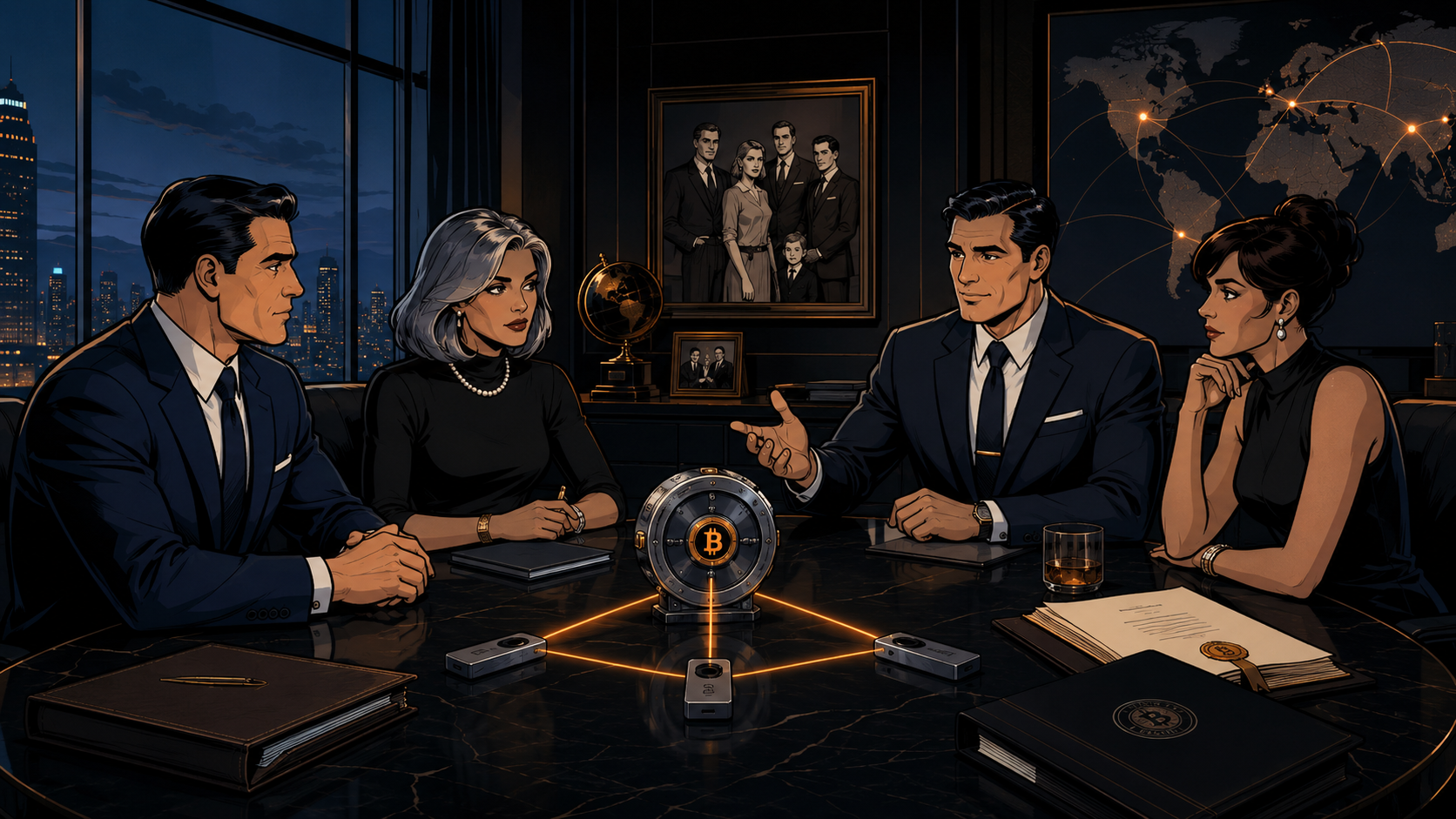 Four professionals in a boardroom with a collaborative Bitcoin security vault on the table and a global network map on the wall