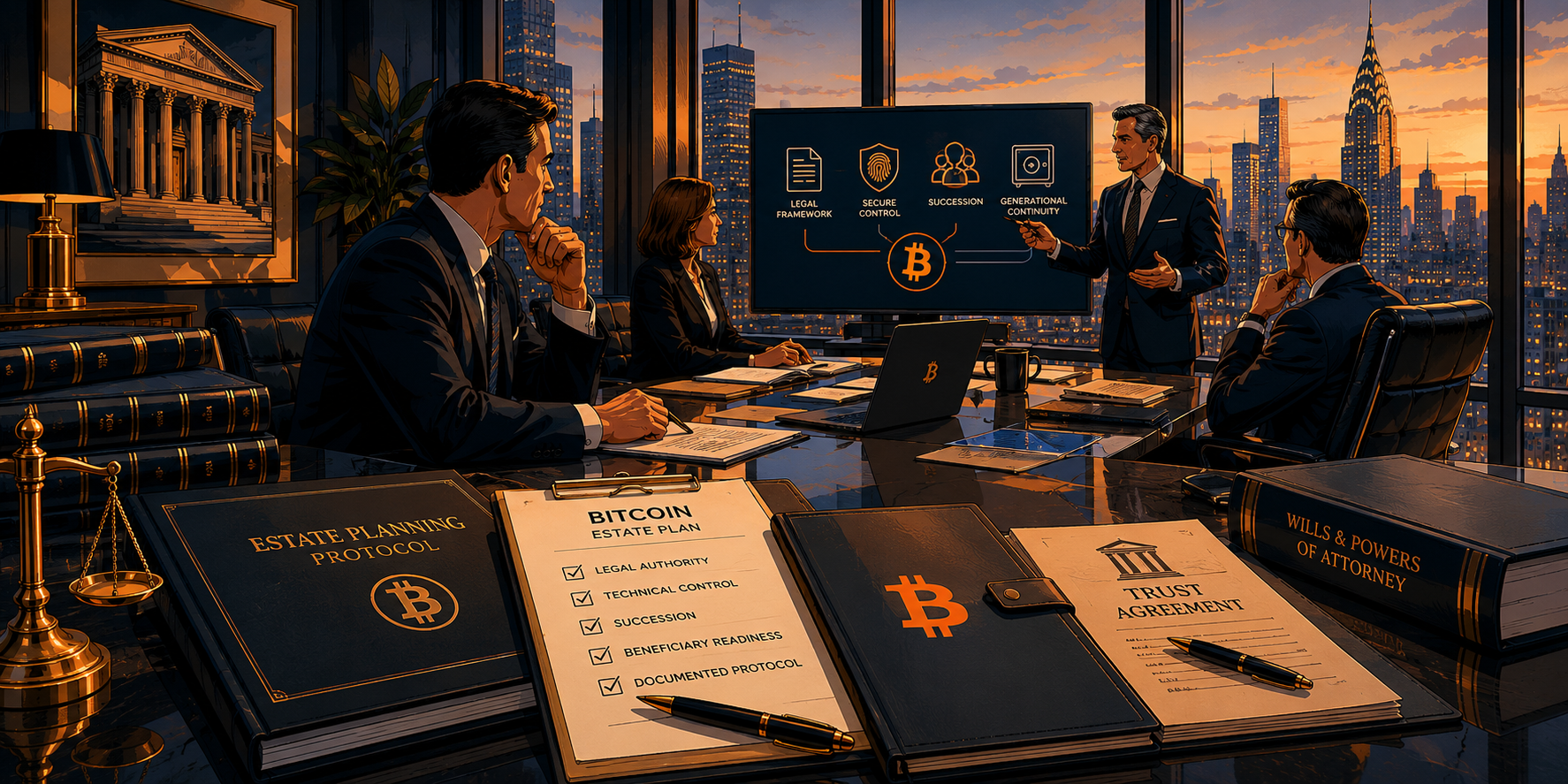 Law firm conference room: estate planning protocol materials, wills and trust documents, and professionals reviewing Bitcoin legal authority and technical control