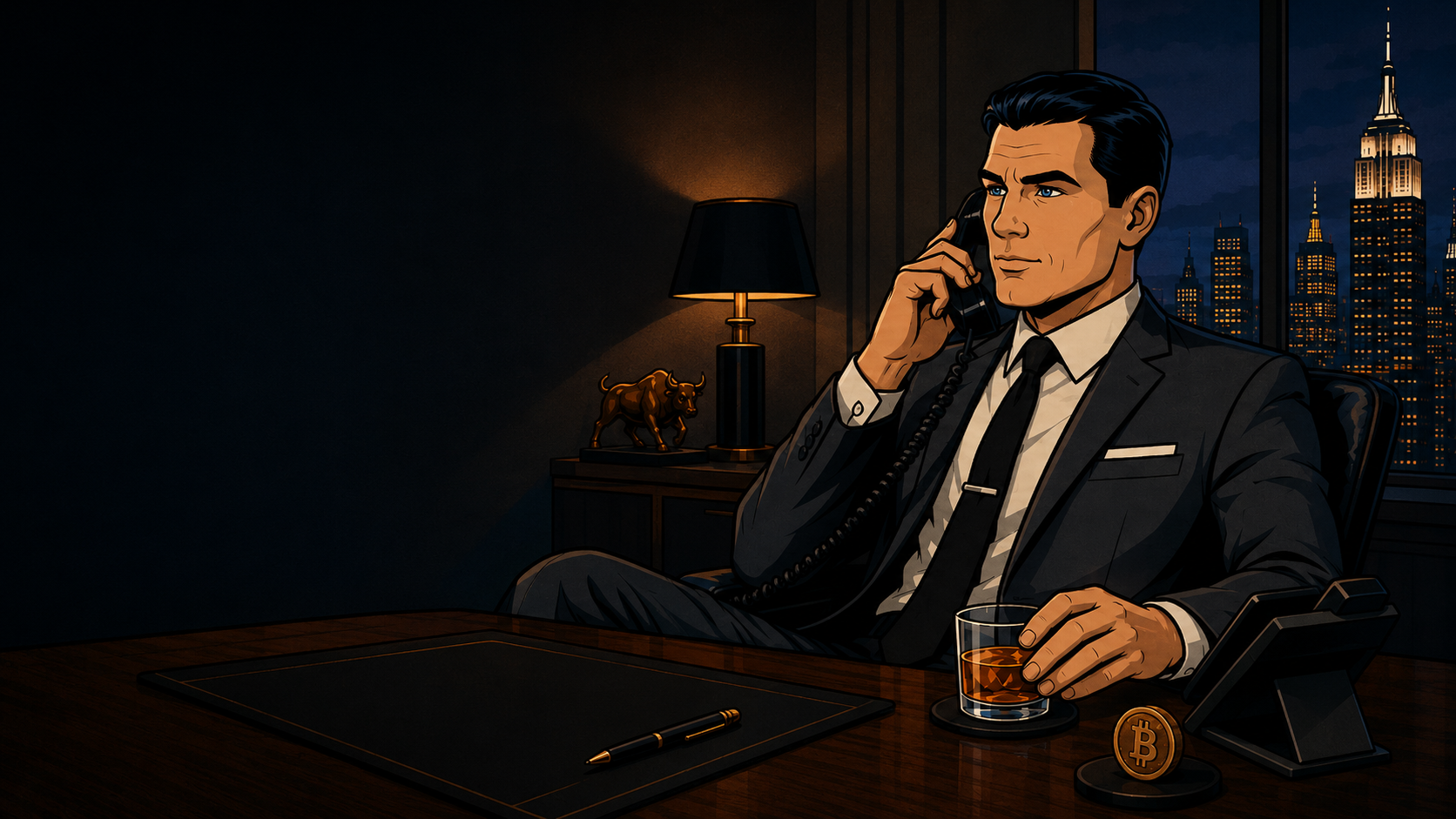 Professional adviser on the phone at a desk with Bitcoin and a city skyline at night, representing contact with The Bitcoin Adviser