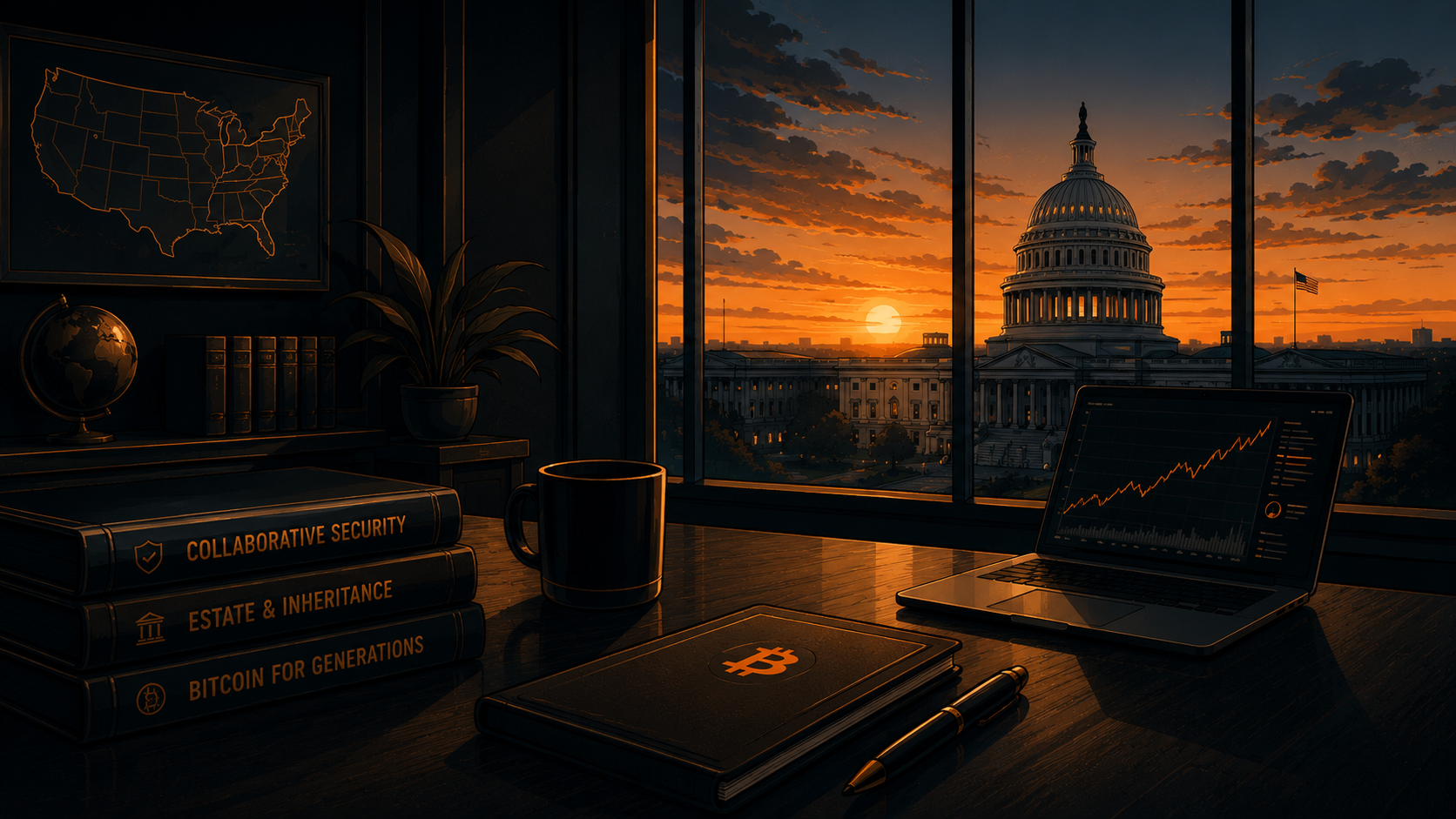 Financial adviser desk at sunset: Bitcoin continuity materials, collaborative security and estate planning references, and a market chart on screen