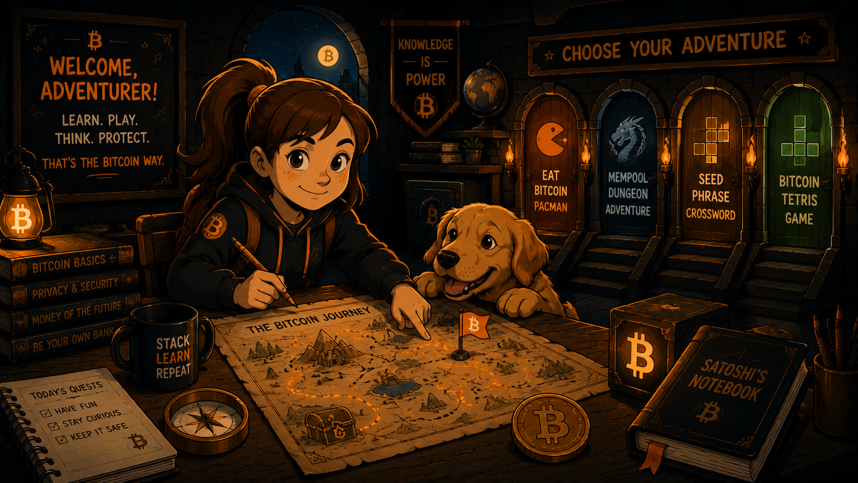 Young adventurer and golden retriever at a desk with The Bitcoin Journey map, Bitcoin books, a quest log, and glowing doorways to kids games