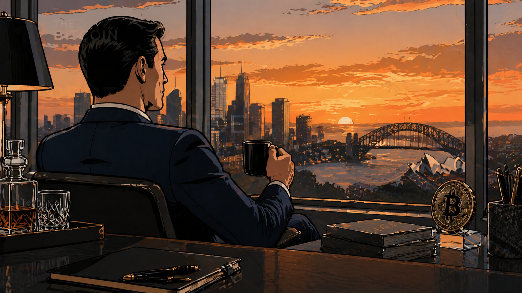 Illustration of a person in a suit in a high-end office overlooking Sydney Harbour; a small Bitcoin object sits on the desk.