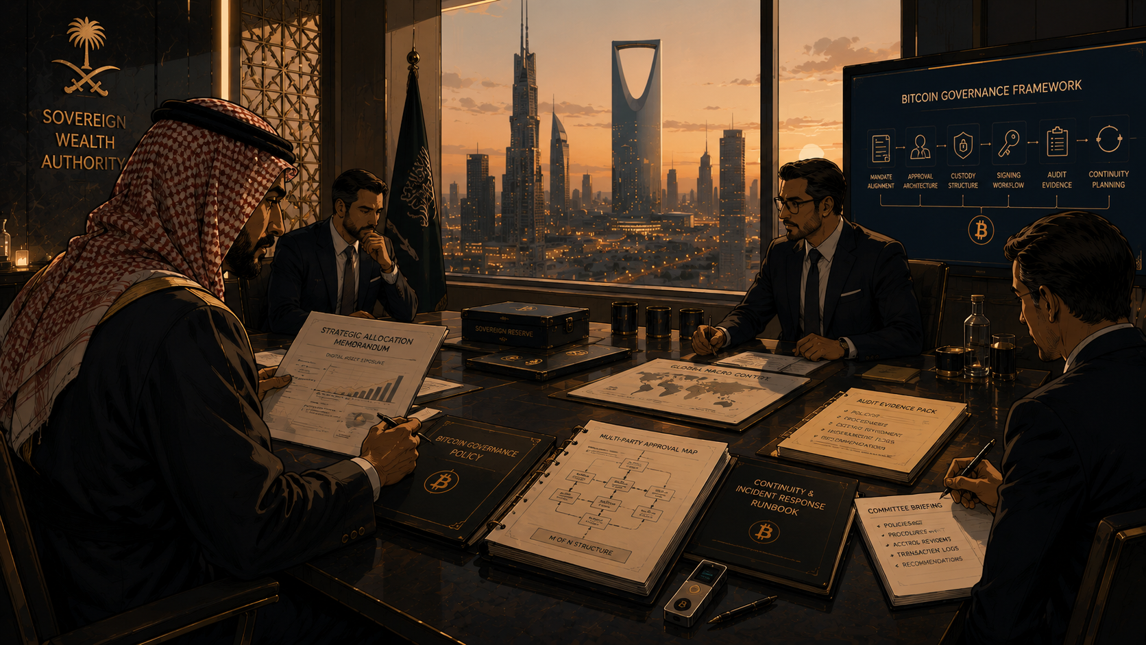 Sovereign-scale governance session: leaders at a marble table at dusk with a modern city skyline, reviewing Bitcoin policy materials and continuity documentation