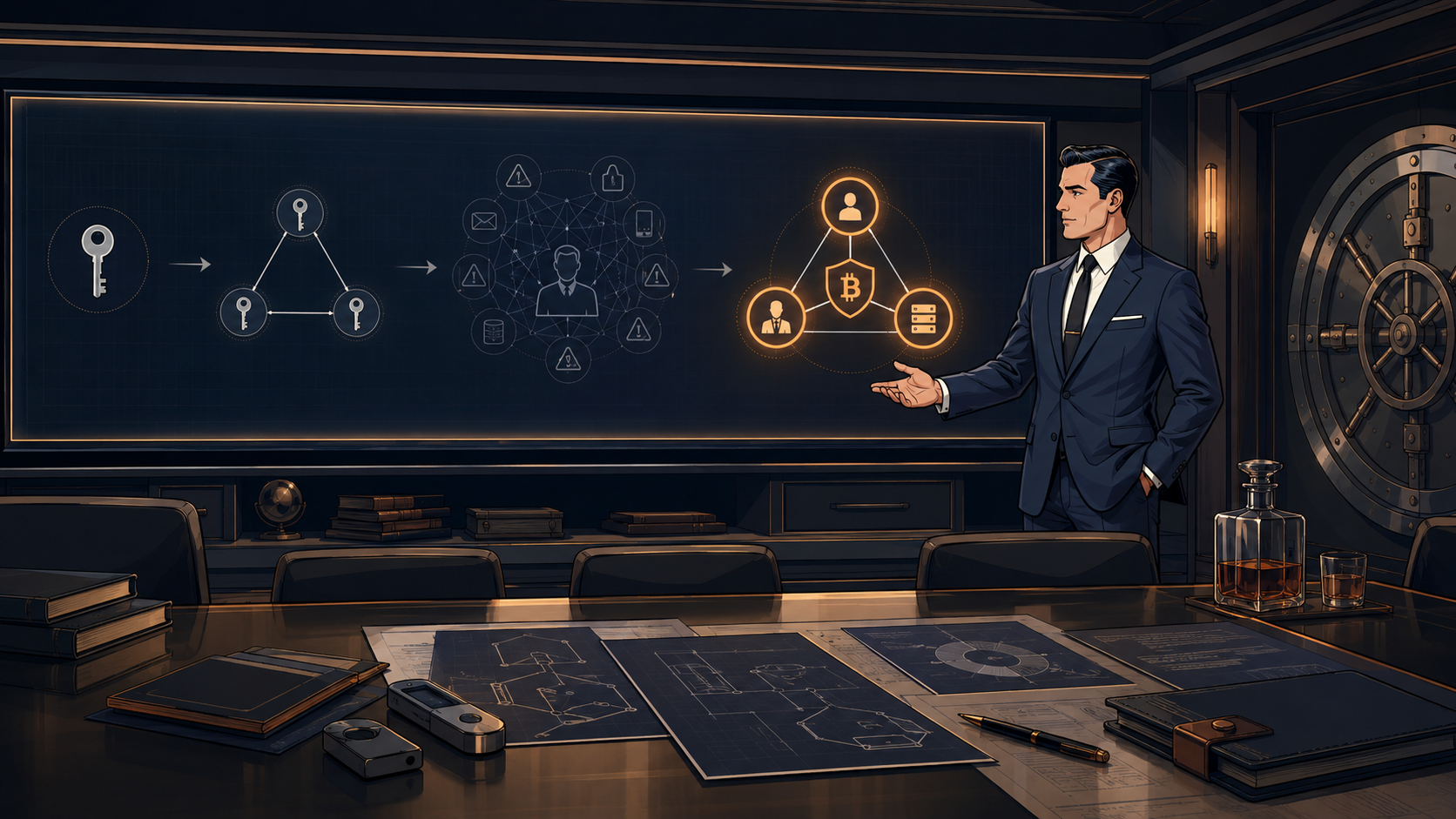 Executive presenting the four stages of Bitcoin security evolution from single key to collaborative security with client, key agent, and platform
