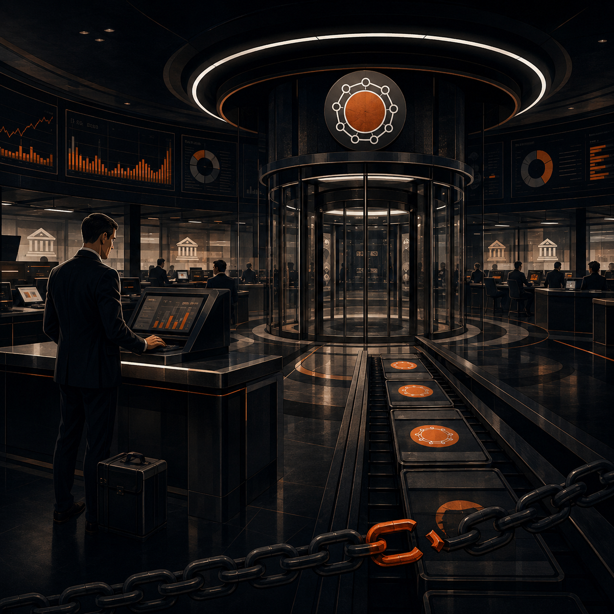 Polished exchange trading concourse showing platform-controlled custody rather than personal vault security
