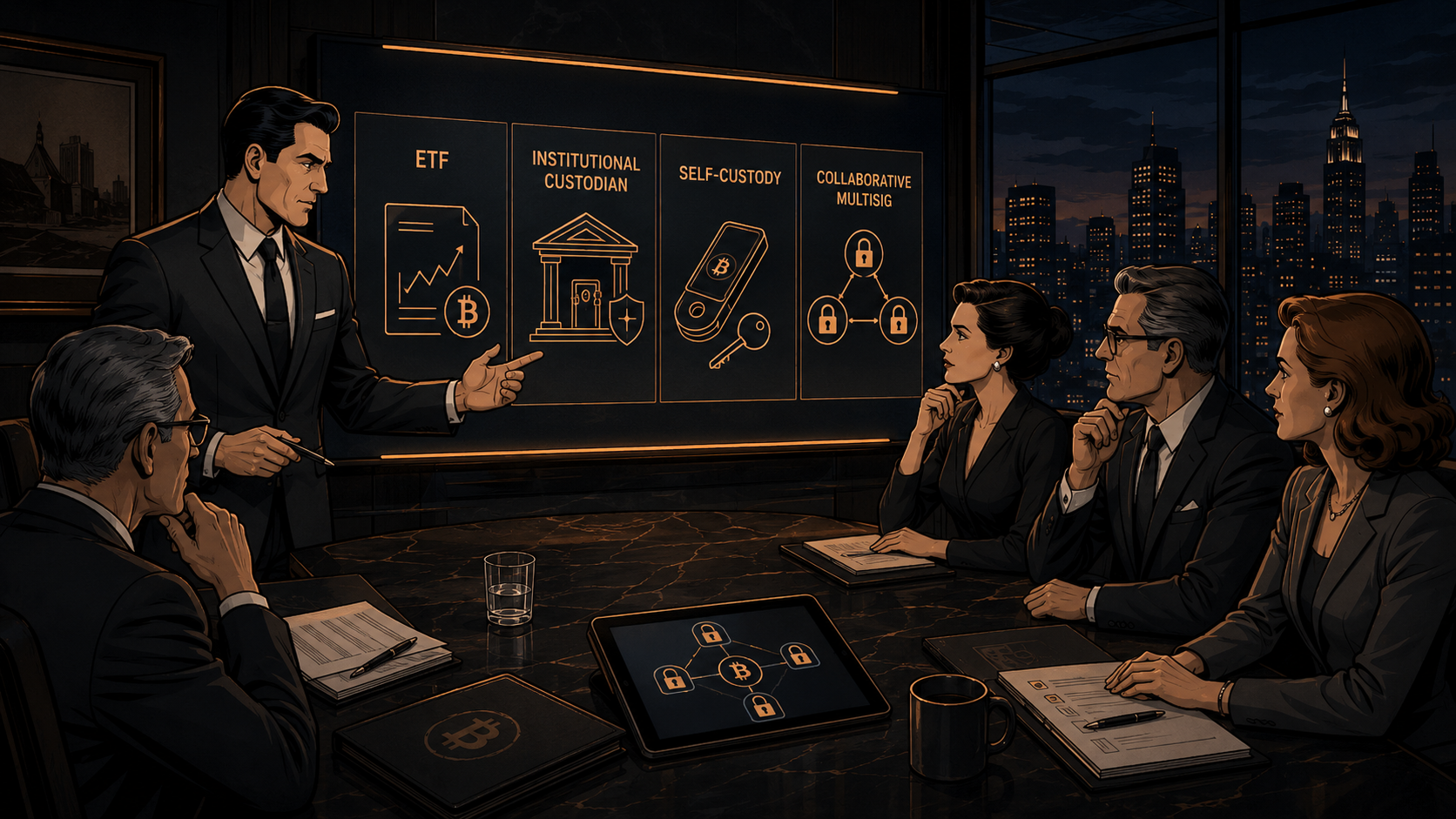 Family office boardroom at night: presenter comparing ETF, institutional custodian, self-custody, and collaborative multisig Bitcoin custody models on screen