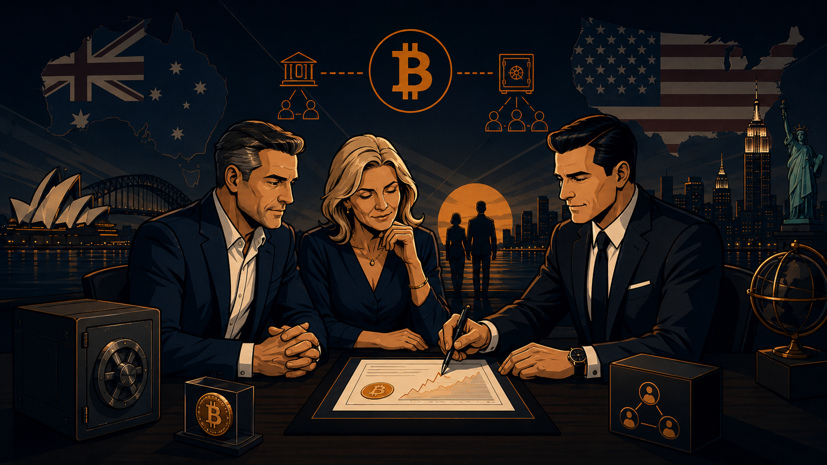 Couple and adviser reviewing retirement planning with Bitcoin, vault and global landmarks representing Australia and the United States