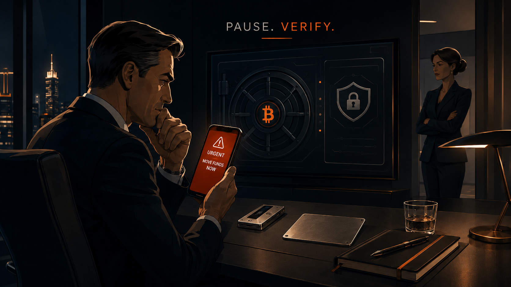 Man at a desk reading an urgent scam text on his phone while a vault screen shows a Bitcoin symbol and lock shield; text overlay reads Pause. Verify.