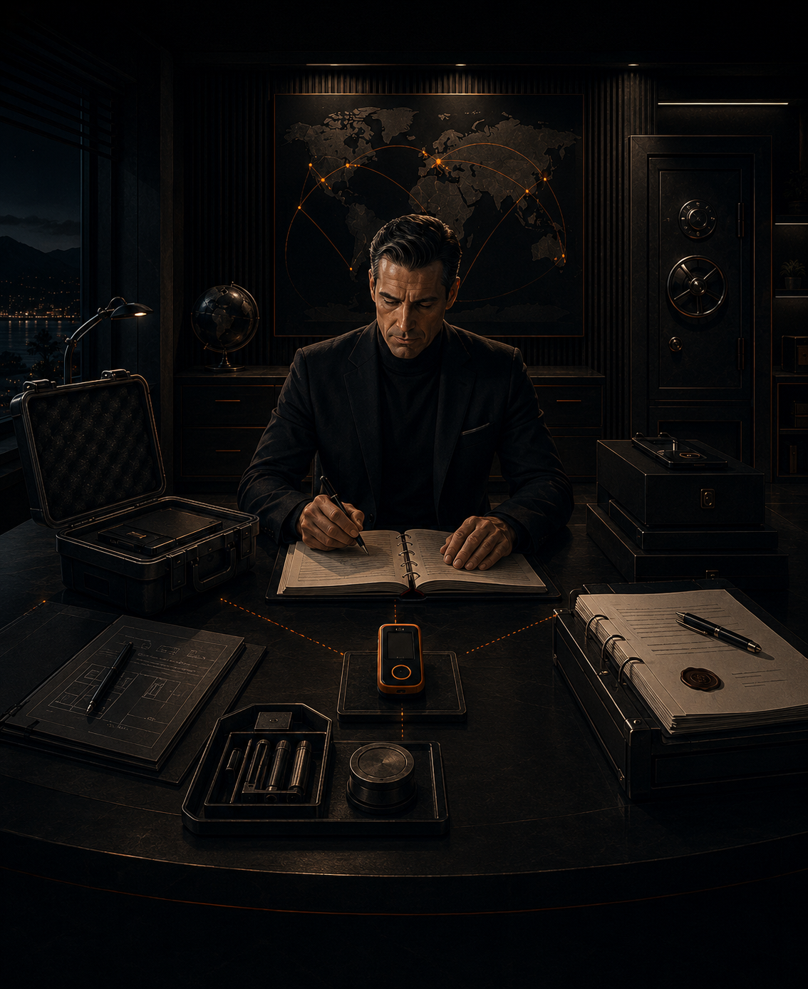 Owner-centred private security room with hardware signer, backups, documents and succession materials all converging on one person
