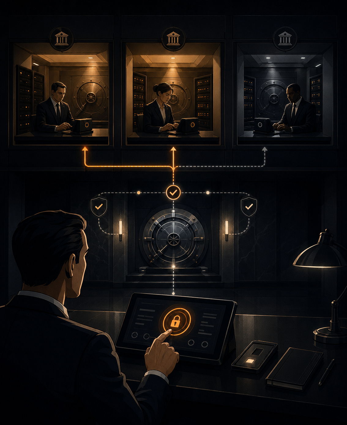 Client at an authorisation console in the foreground with three independent institutional signing chambers above, two illuminated for quorum