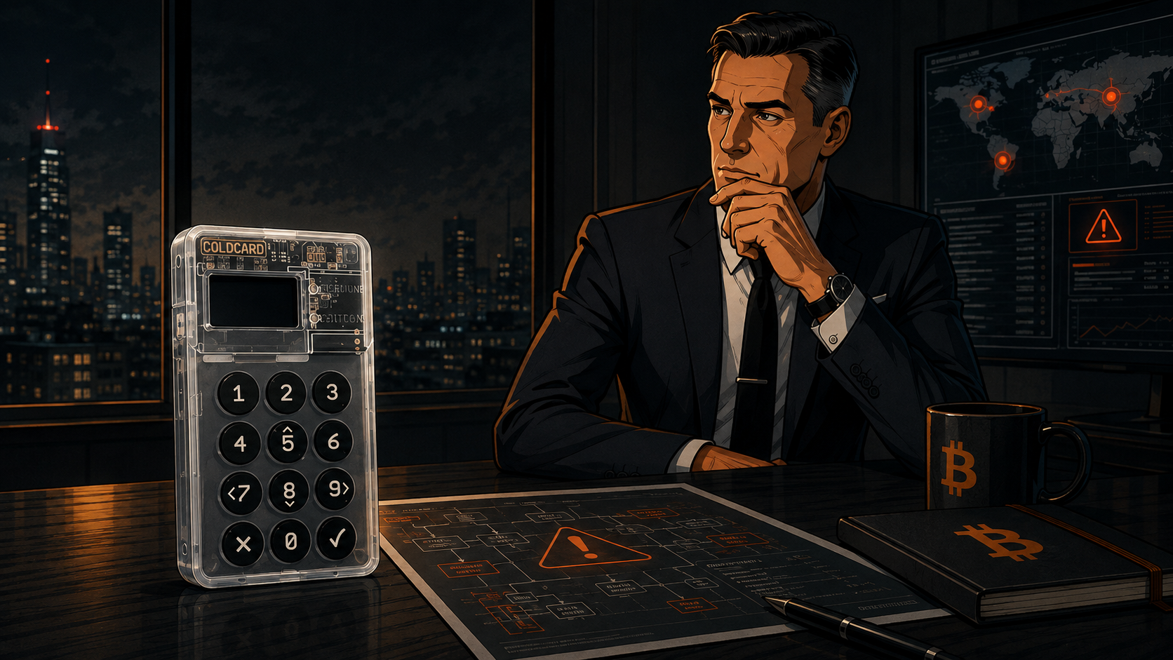 Coldcard hardware-wallet security warning showing single-signature risk and multisig key protection