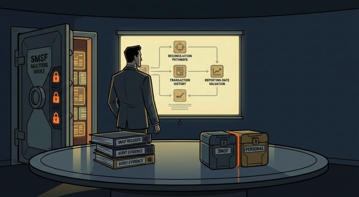 SMSF audit guide illustration: multisig vault, audit evidence records, reconciliation flow, and separation of SMSF assets from personal assets.