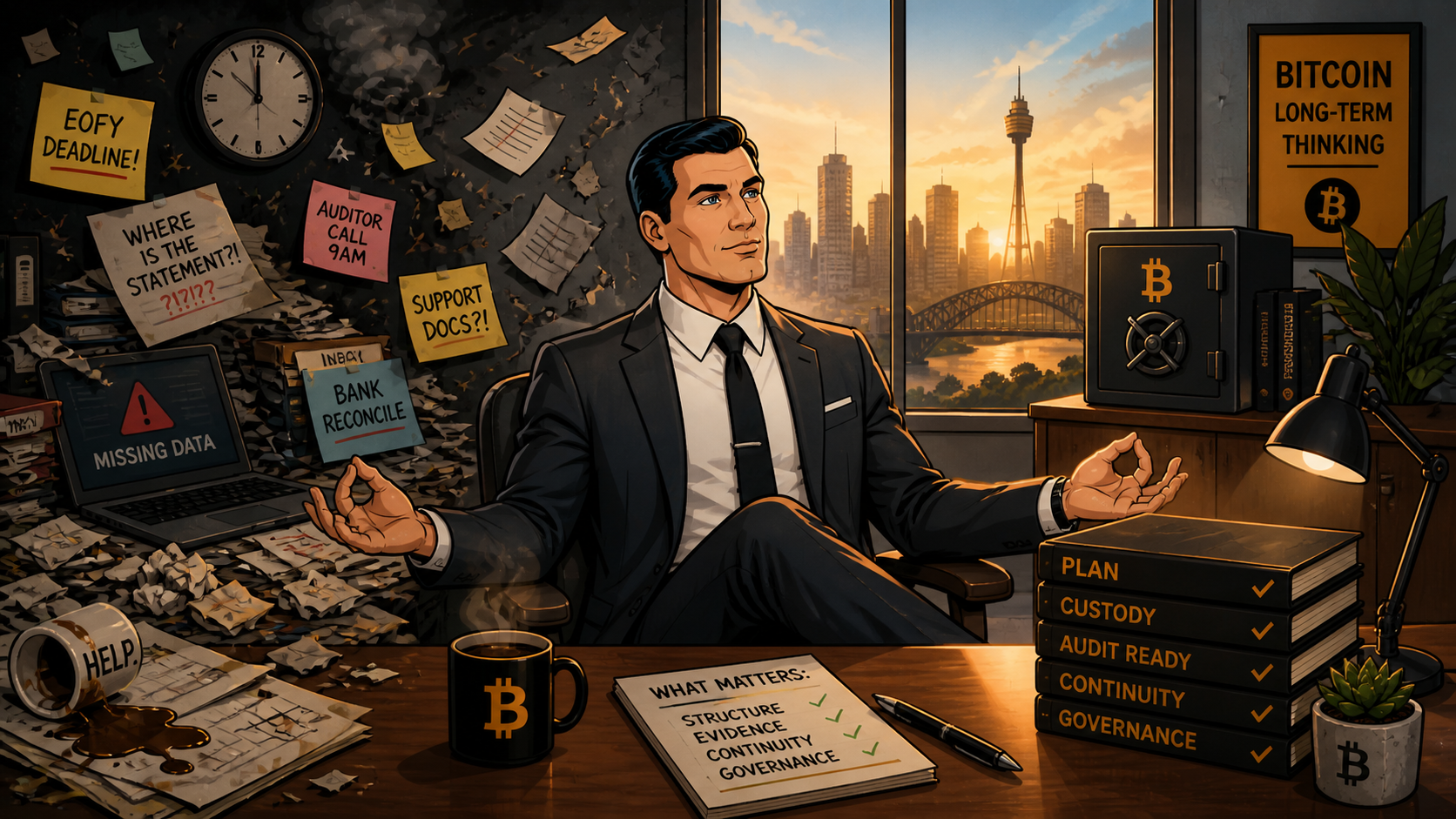 Stylised SMSF EOFY illustration: an office split between paperwork chaos and orderly Bitcoin custody readiness, with Sydney Harbour through the window and a checklist in the foreground.
